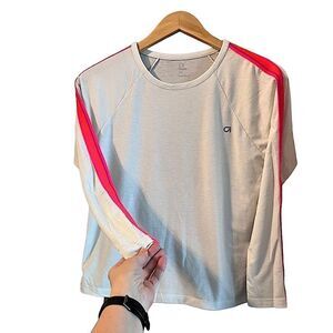 🌴 GapFit Tape Long Sleeve Tee Ivory Frost Girls Large Orange & Fuscia Stripe